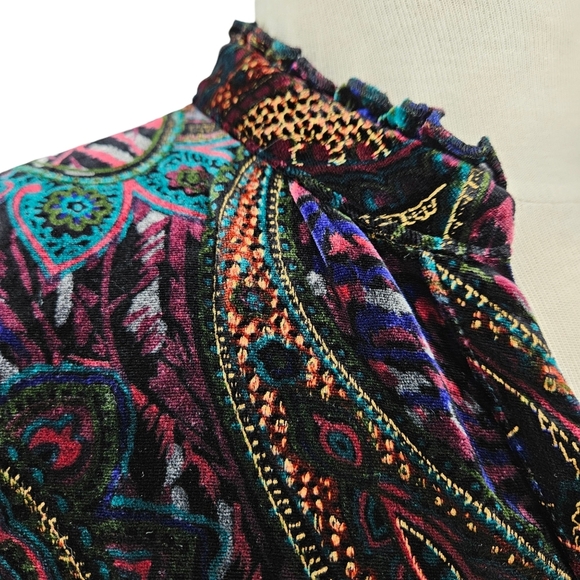 House Of Bruar Midi Victorian Dress Velvet Paisley 1/2 Sleeve Button V Neck 14 - Picture 4 of 9